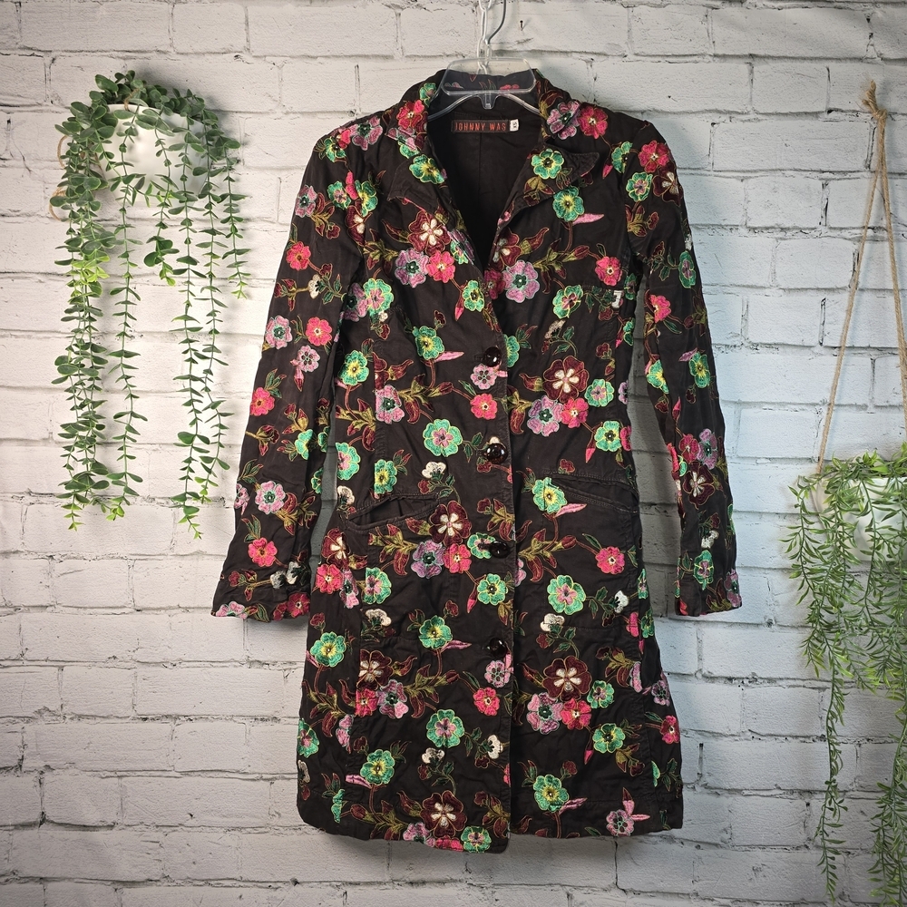 JOHNNY WAS CHOCOLATE BROWN FLORAL EMBROIDERED TRENCH COAT WOMENS XS - Picture 1 of 9
